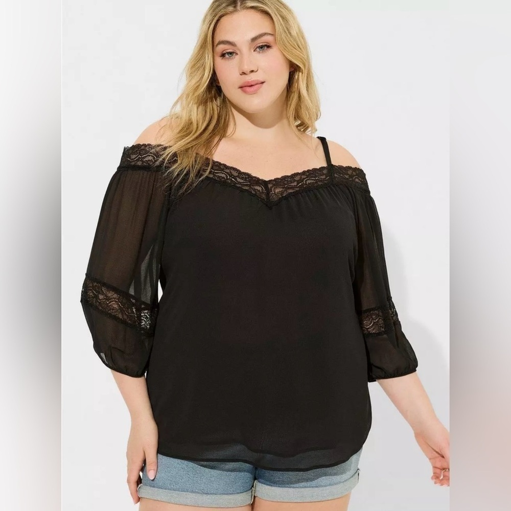 Torrid Elegant Women's Chiffon Black Off-Shoulder 3/4 Sleeve Lace Top Blouse, NW